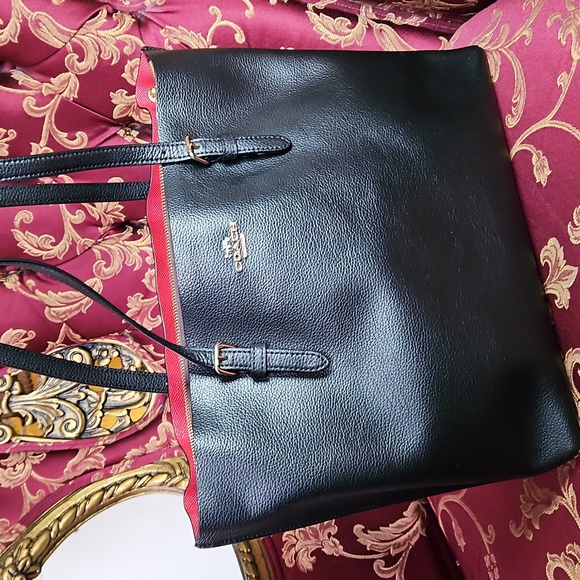 Coach Mollie Black Leather Tote with Red Interior - Picture 11 of 16